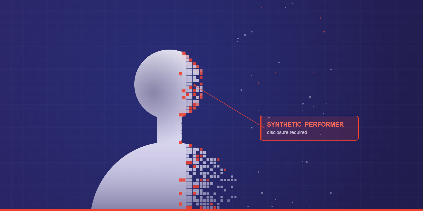 Abstract dot-mesh human figure dissolving into pixels, tagged synthetic performer